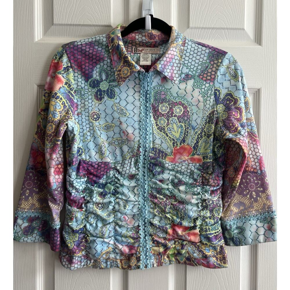 GW JEANS CO By UM Company Vintage Y2K Paisley Ruched Zip Fleece Shirt Top Sz S